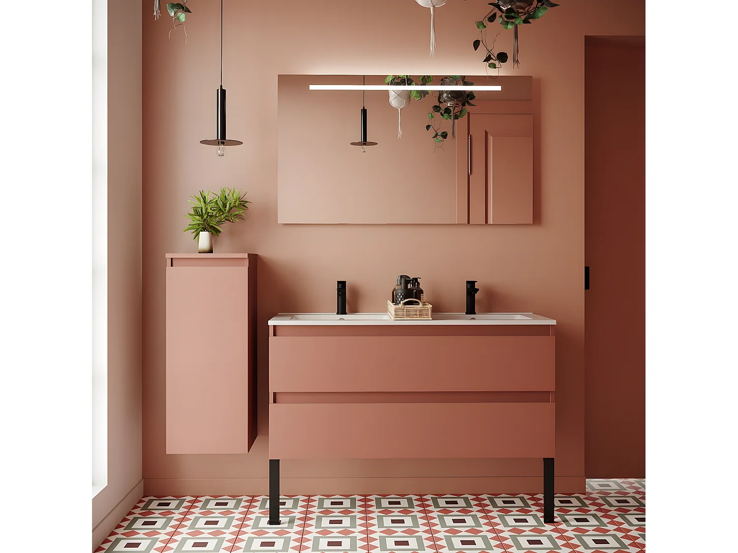 Meuble de salle de bain suspendu double vasque intégrée 120cm 2 tiroirs Abricot - Hudson