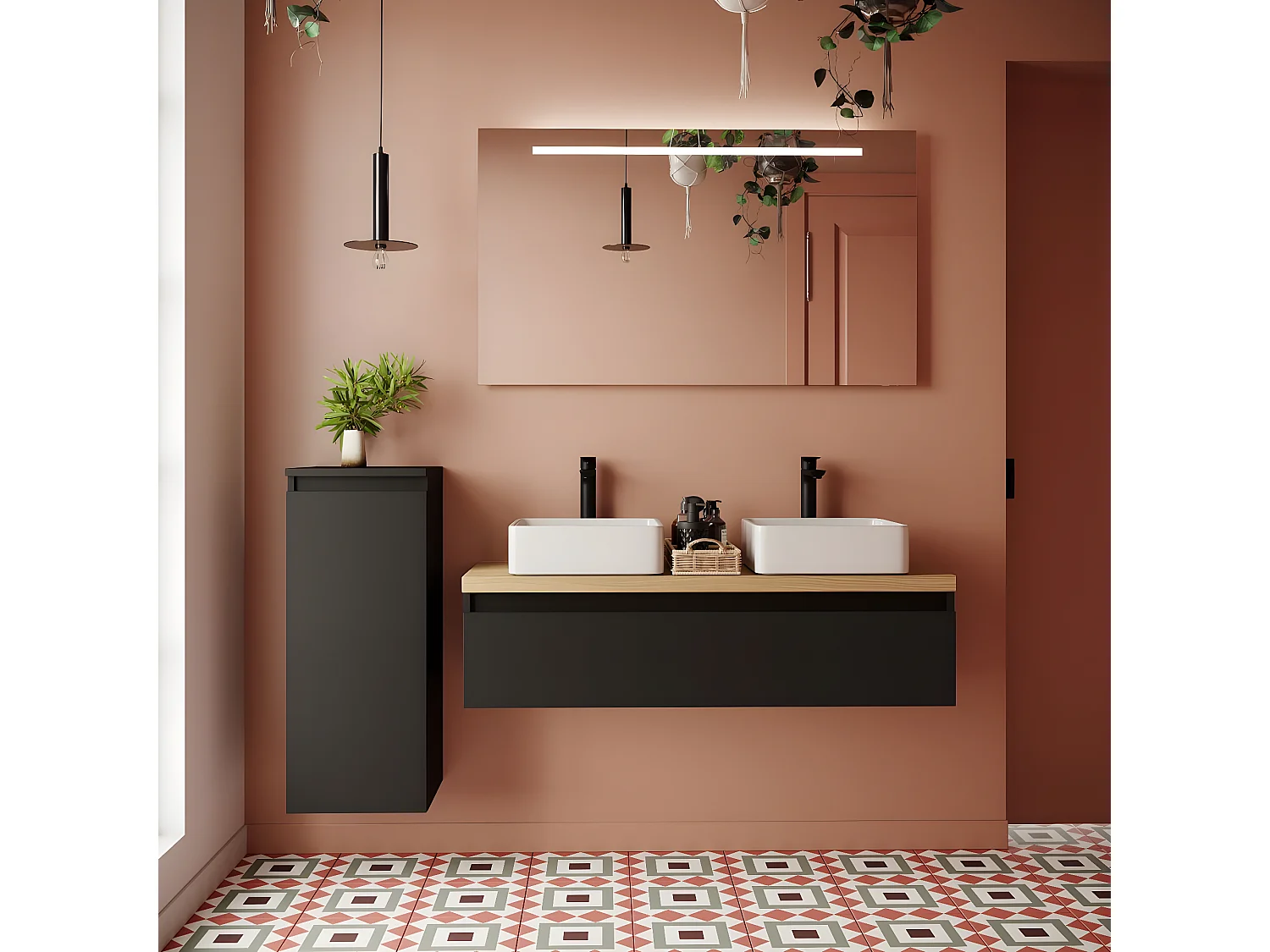 Meuble de salle de bain suspendu 2 vasques à poser 120cm 1 tiroir Noir - Hudson