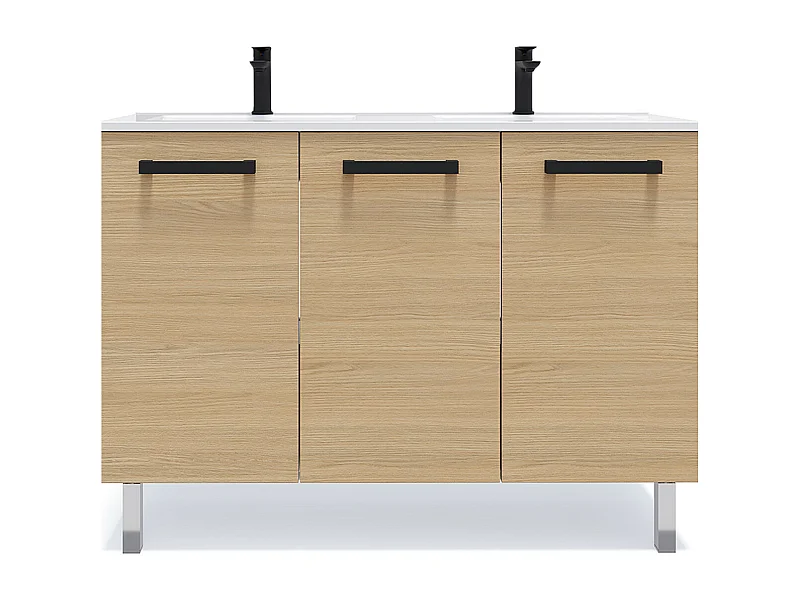 Meuble de salle de bain suspendu avec pieds double vasque intégrée 120cm 3 portes Chêne clair - Chelsea