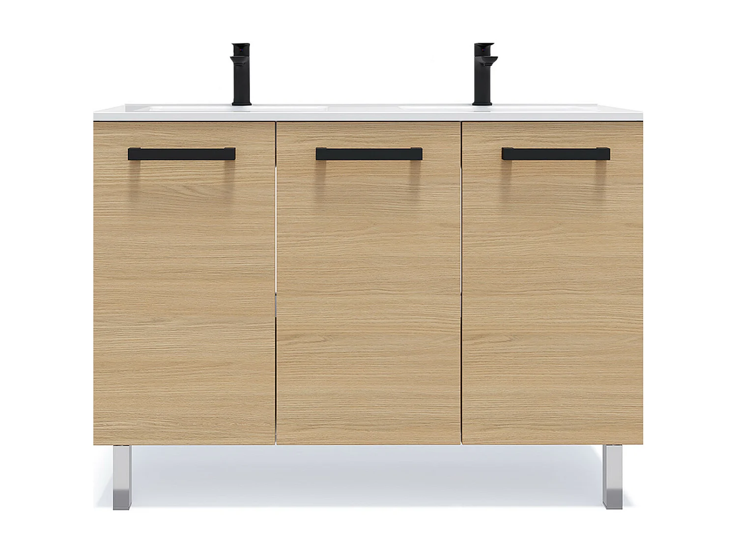 Meuble de salle de bain suspendu avec pieds double vasque intégrée 120cm 3 portes Chêne clair - Chelsea