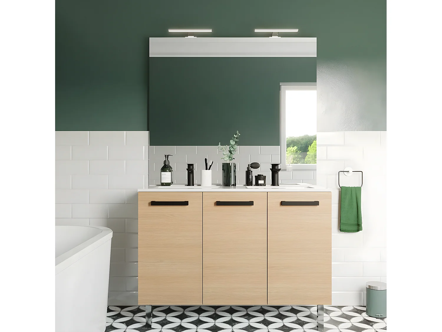 Meuble de salle de bain suspendu avec pieds double vasque intégrée 120cm 3 portes Chêne clair - Chelsea