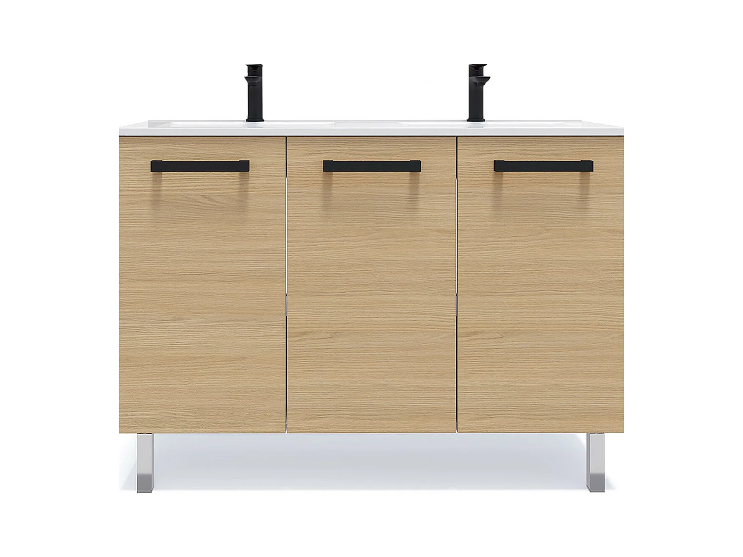 Meuble de salle de bain suspendu avec pieds double vasque intégrée 120cm 3 portes Chêne clair - Chelsea