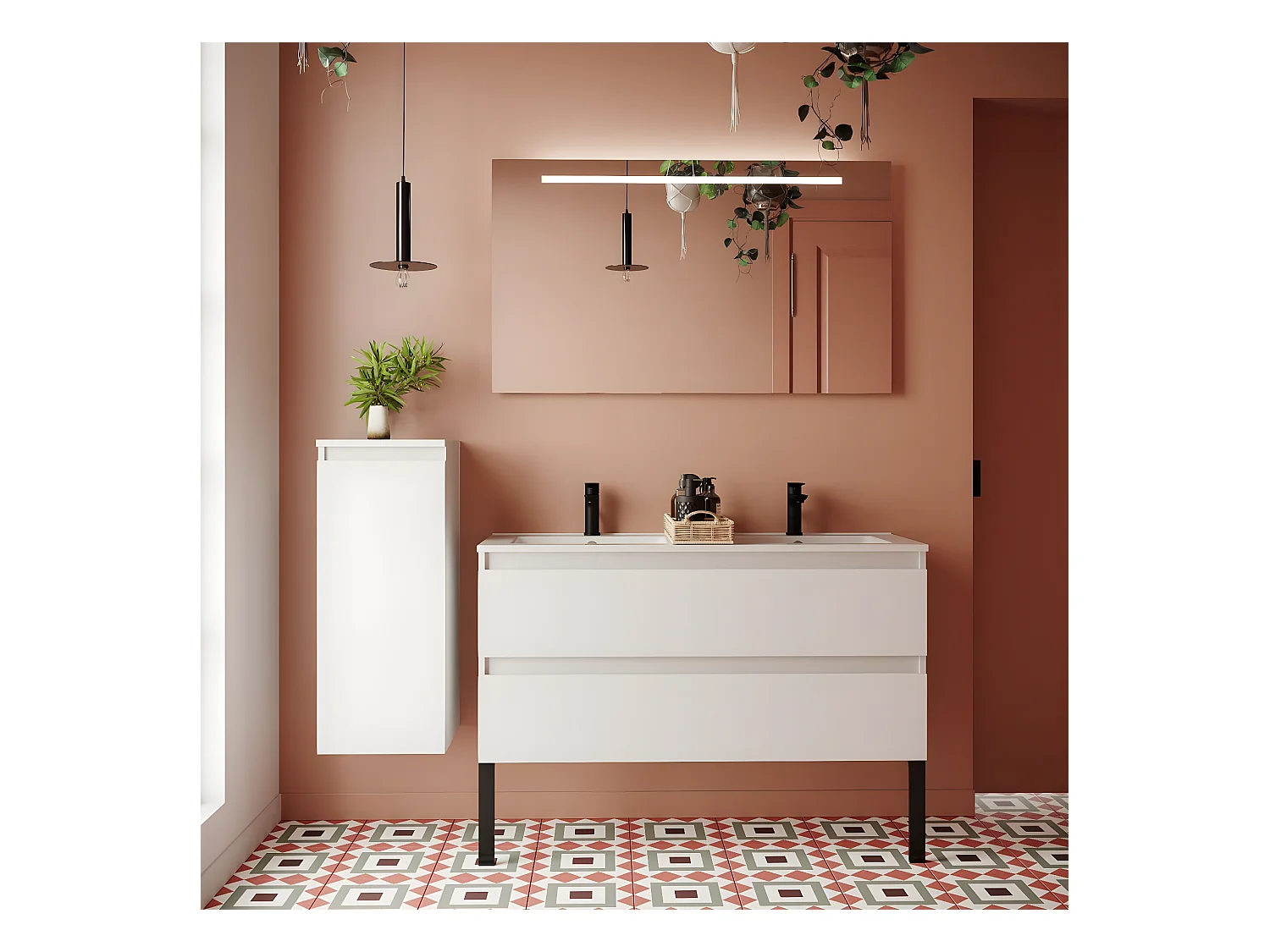 Meuble de salle de bain suspendu double vasque intégrée 120cm 2 tiroirs Blanc - Hudson