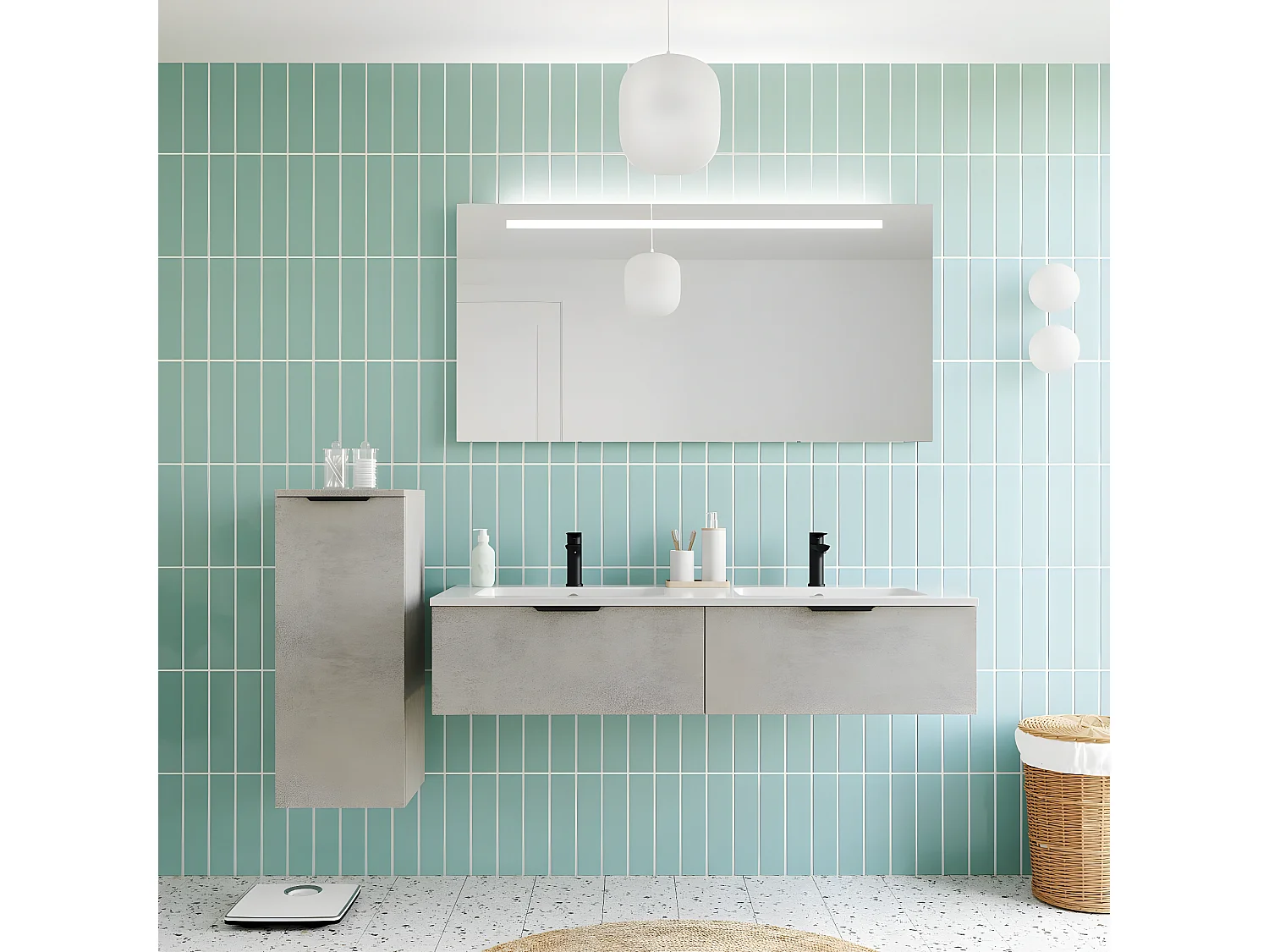 Meuble de salle de bain suspendu double vasque intégrée 140cm 2 tiroirs façon Béton - Soho
