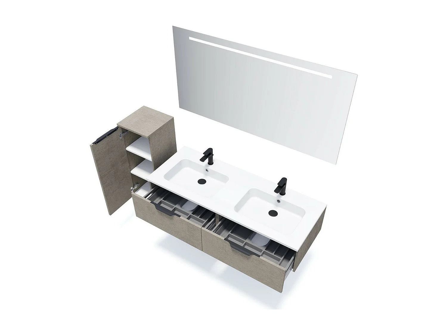 Meuble de salle de bain suspendu double vasque intégrée 140cm 2 tiroirs façon Béton - Soho