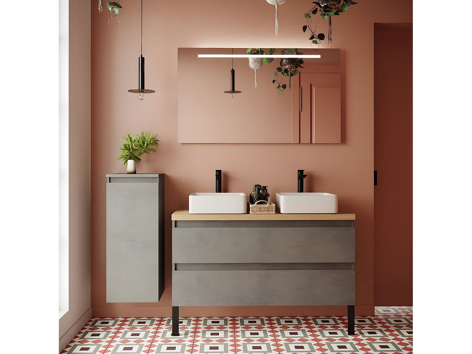 Meuble de salle de bain suspendu 2 vasques à poser 120cm 2 tiroirs façon Béton - Hudson