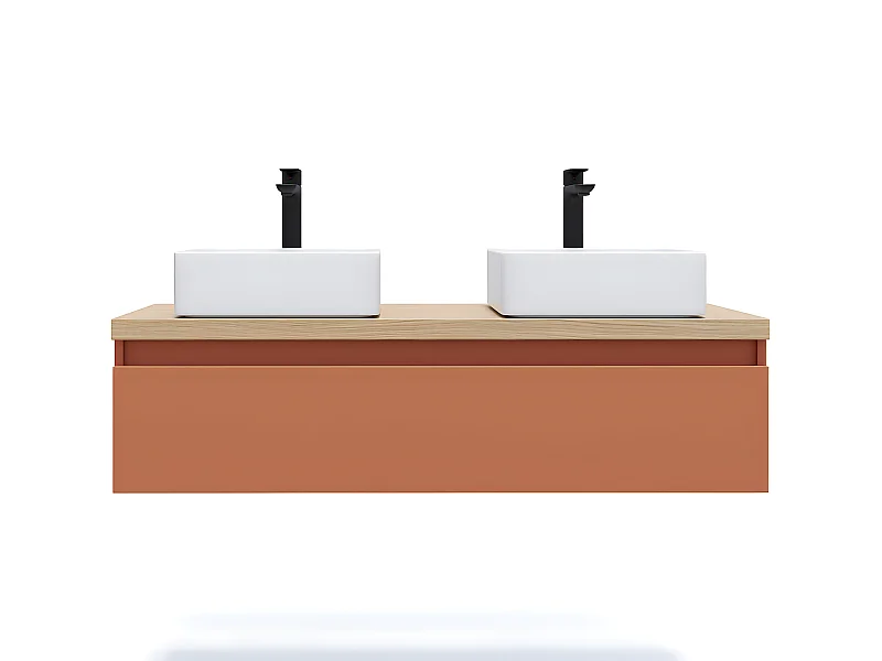 Meuble de salle de bain suspendu 2 vasques à poser 120cm 1 tiroir Terracotta - Hudson