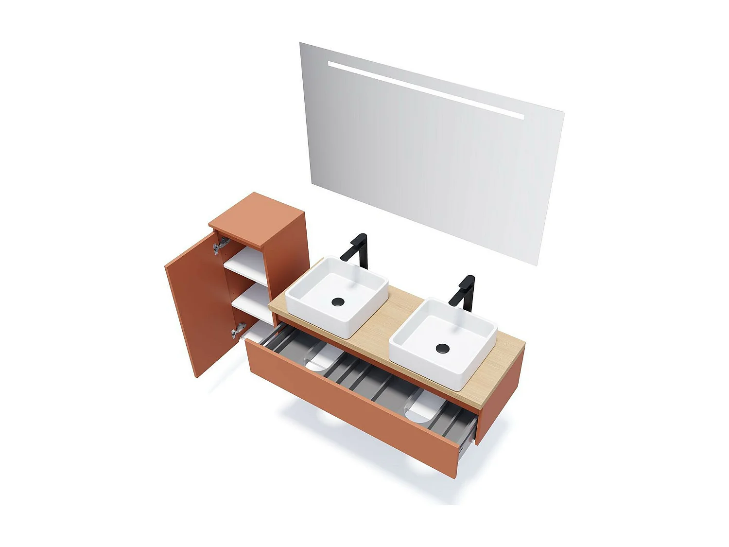 Meuble de salle de bain suspendu 2 vasques à poser 120cm 1 tiroir Terracotta - Hudson