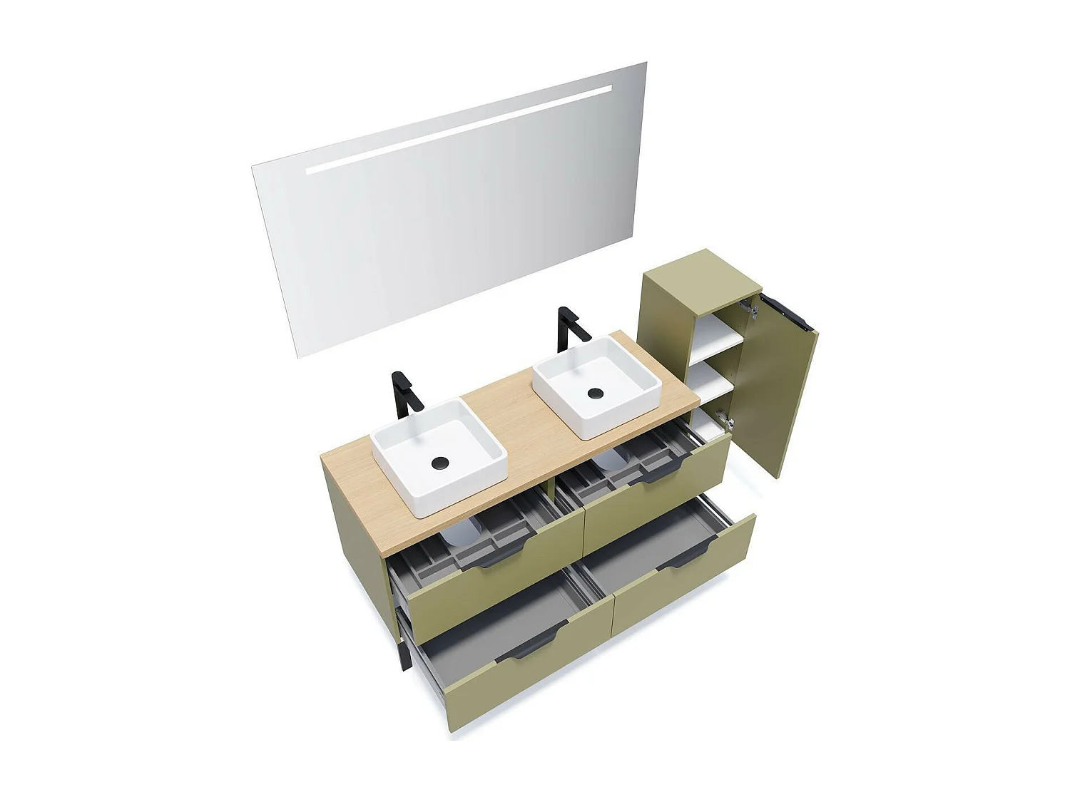 Meuble de salle de bain suspendu 2 vasques à poser 140cm 4 tiroirs Vert olive - Soho