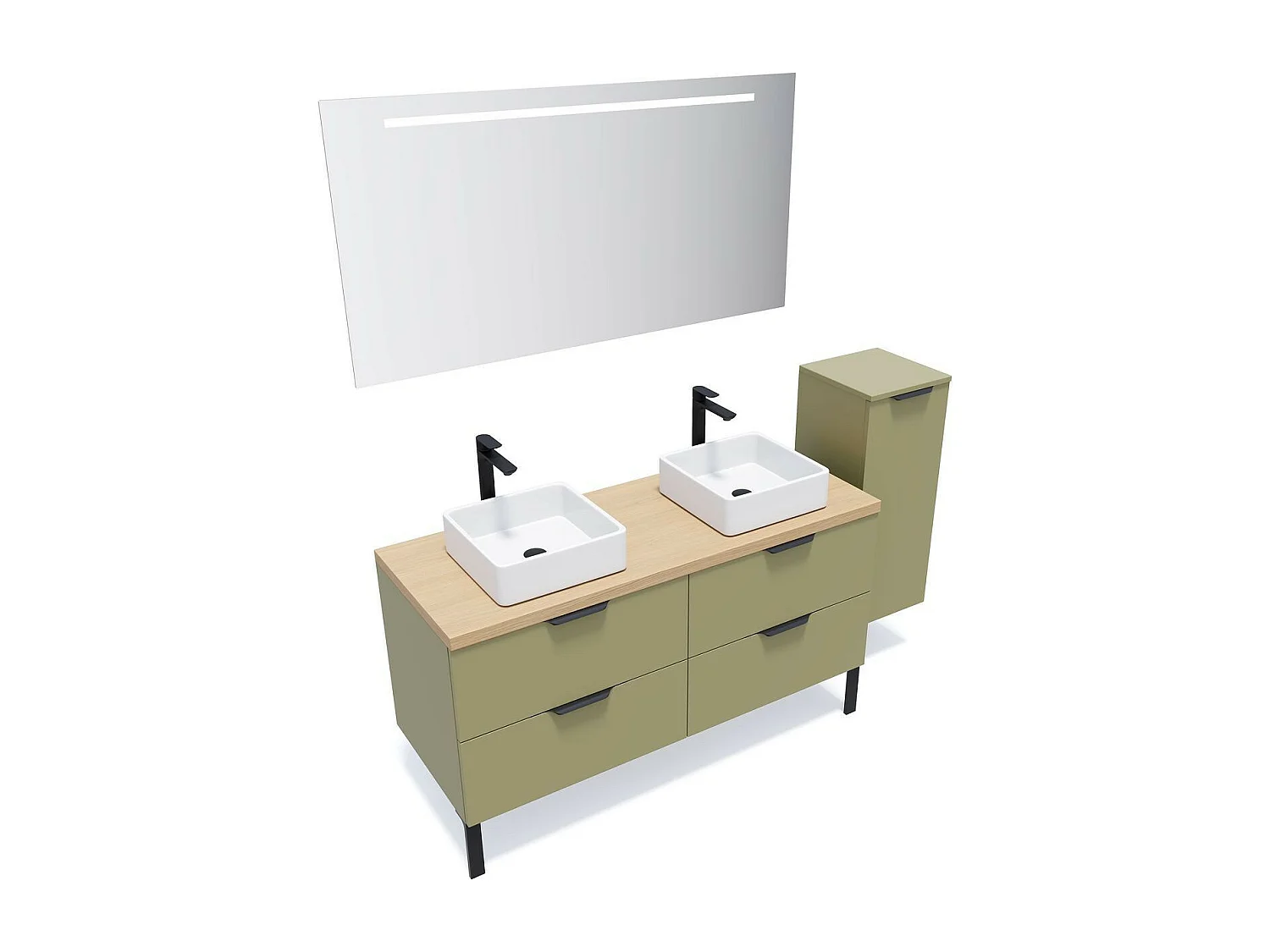 Meuble de salle de bain suspendu 2 vasques à poser 140cm 4 tiroirs Vert olive - Soho