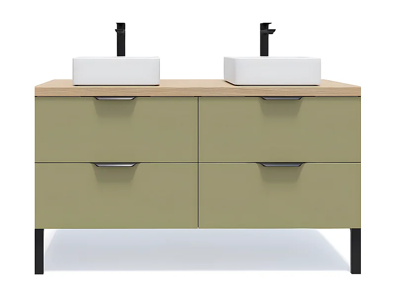 Meuble de salle de bain suspendu 2 vasques à poser 140cm 4 tiroirs Vert olive - Soho