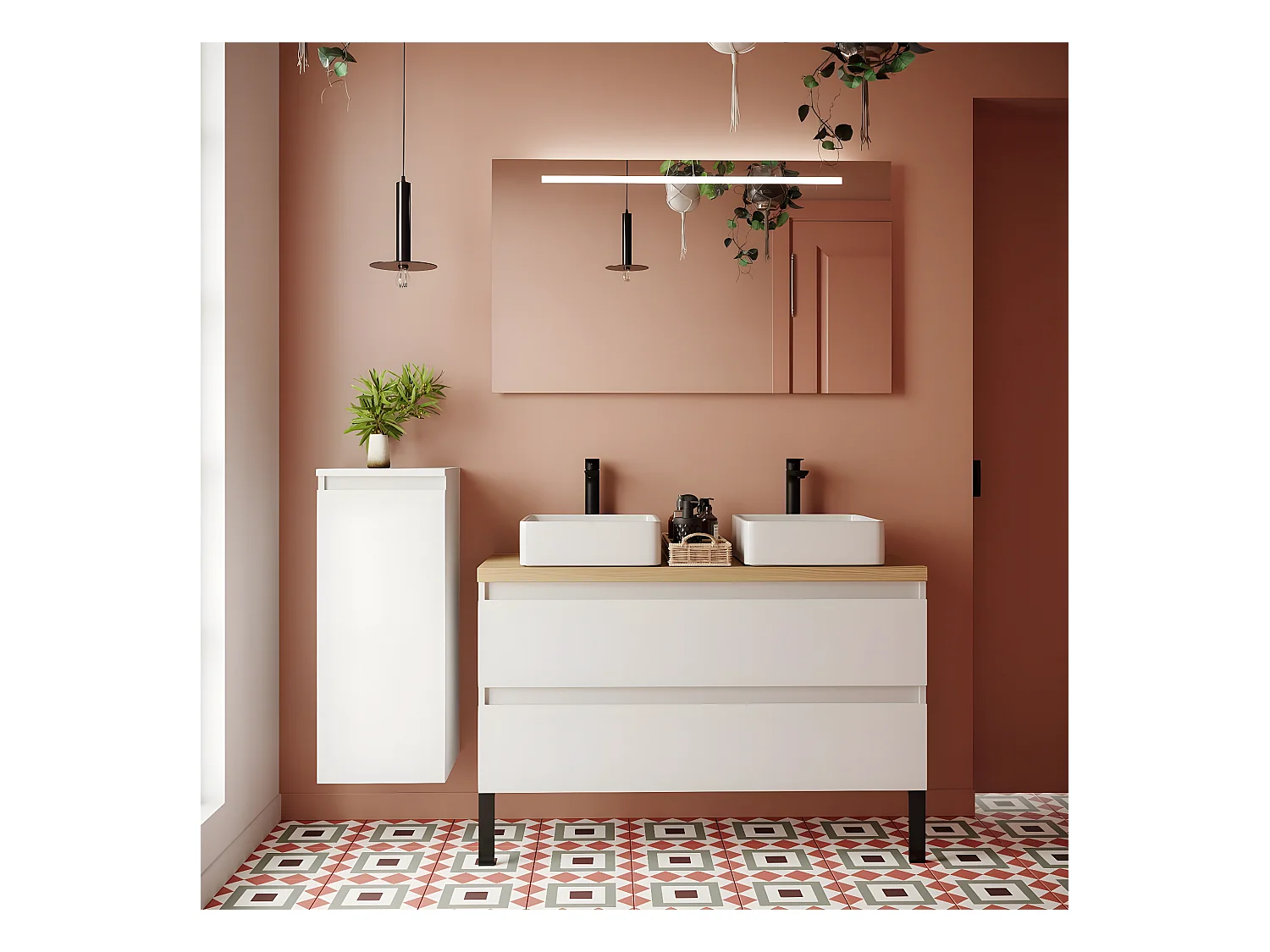 Meuble de salle de bain suspendu 2 vasques à poser 120cm 2 tiroirs Blanc - Hudson