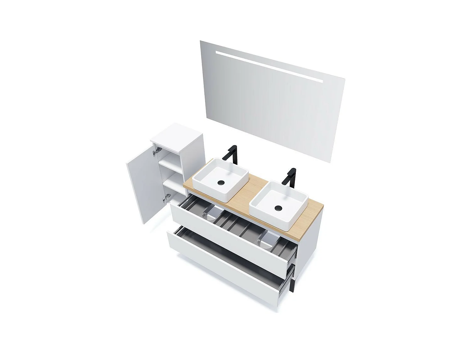 Meuble de salle de bain suspendu 2 vasques à poser 120cm 2 tiroirs Blanc - Hudson