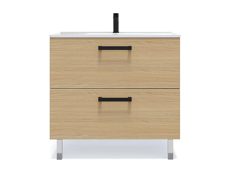 Meuble de salle de bain suspendu avec pieds vasque intégrée 90cm 2 tiroirs Chêne clair - Chelsea