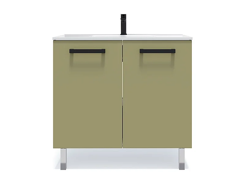 Meuble de salle de bain suspendu avec pieds vasque intégrée 90cm 2 portes Vert olive - Chelsea