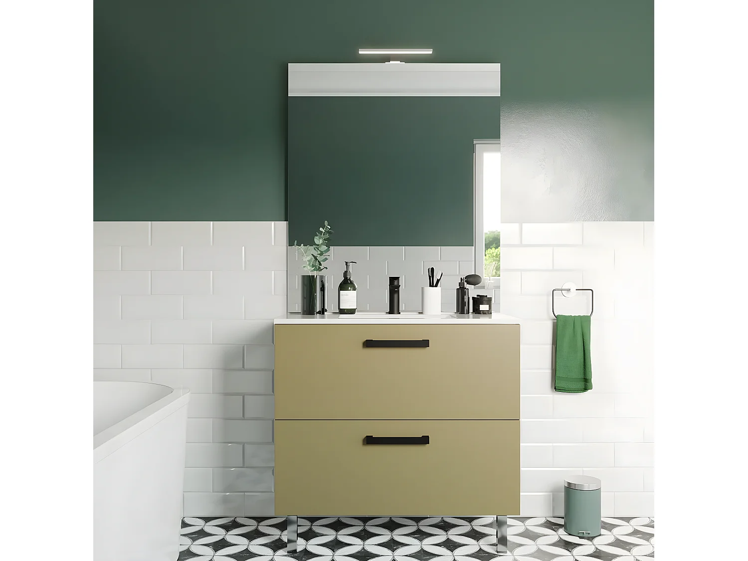 Meuble de salle de bain suspendu avec pieds vasque intégrée 90cm 2 tiroirs Vert olive - Chelsea