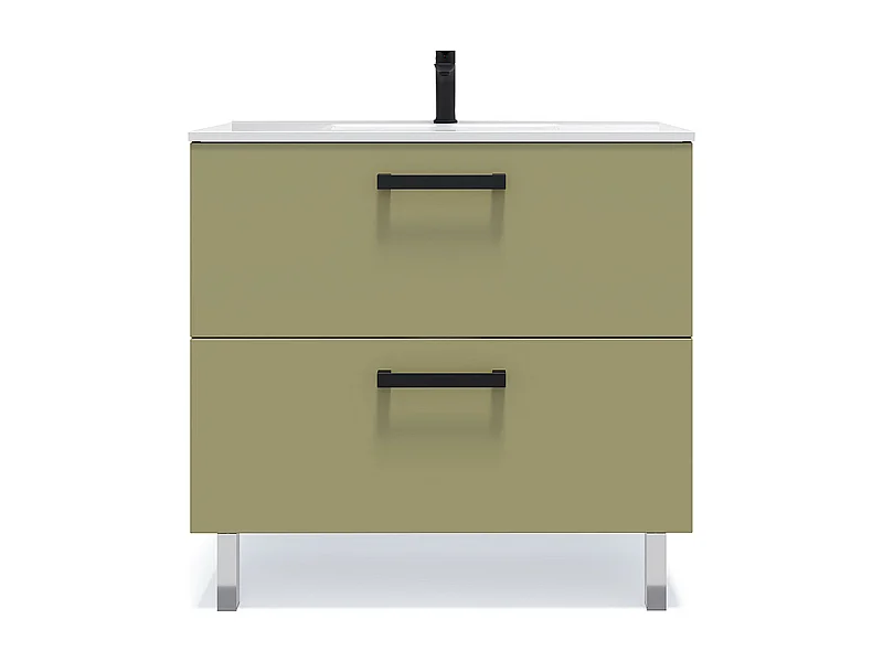 Meuble de salle de bain suspendu avec pieds vasque intégrée 90cm 2 tiroirs Vert olive - Chelsea