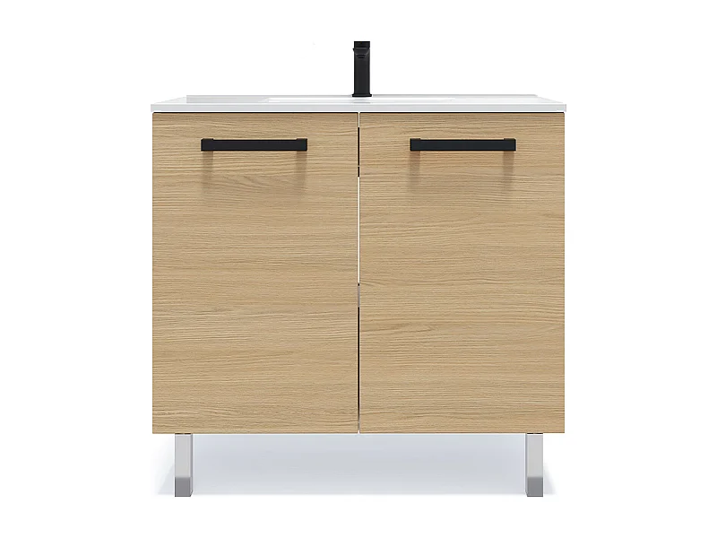 Meuble de salle de bain suspendu avec pieds vasque intégrée 90cm 2 portes Chêne clair - Chelsea