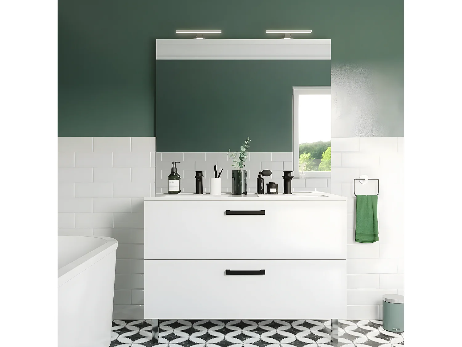 Meuble de salle de bain suspendu avec pieds double vasque intégrée 120cm 2 tiroirs Blanc - Chelsea