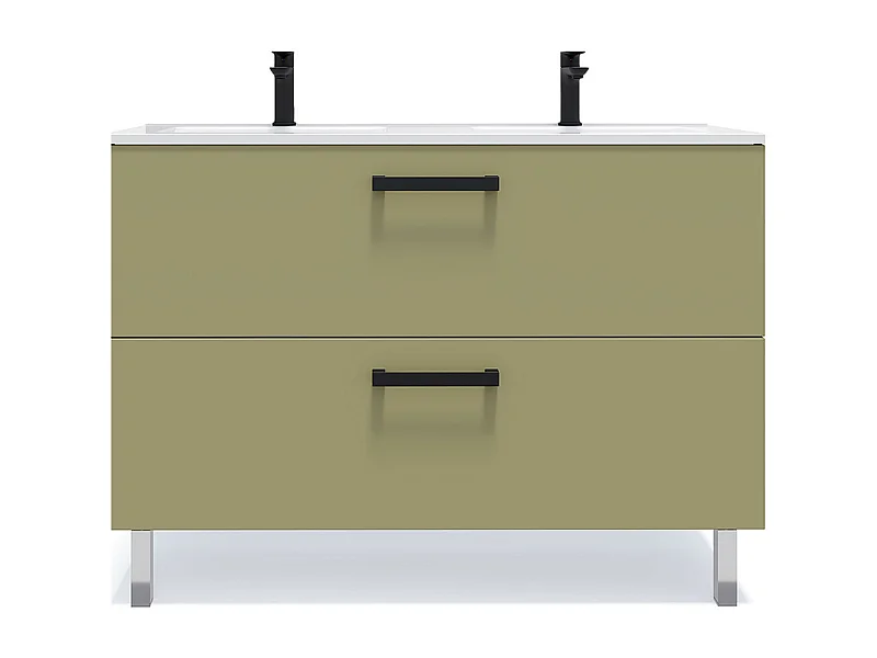 Meuble de salle de bain suspendu avec pieds double vasque intégrée 120cm 2 tiroirs Vert olive - Chelsea