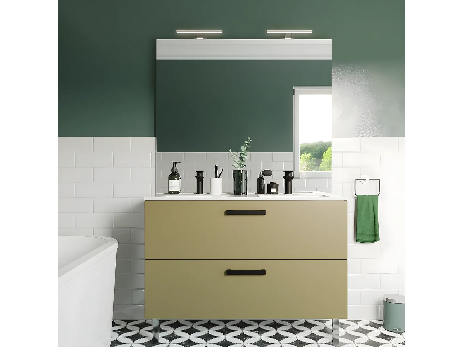 Meuble de salle de bain suspendu avec pieds double vasque intégrée 120cm 2 tiroirs Vert olive - Chelsea