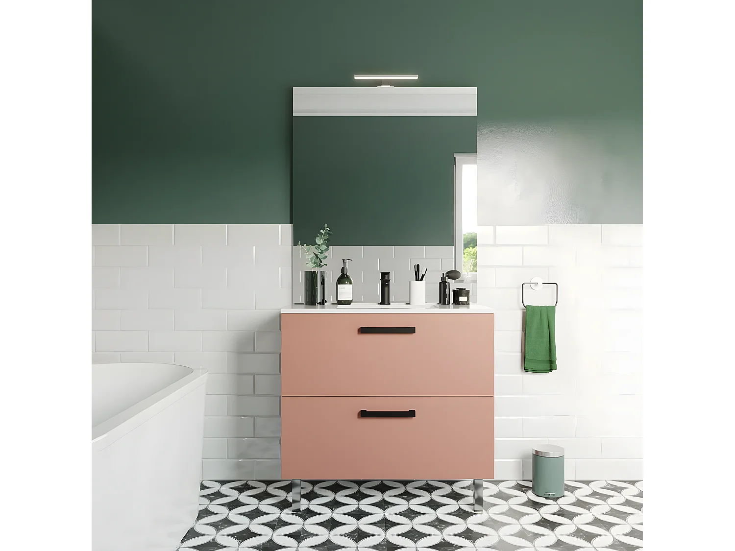 Meuble de salle de bain suspendu avec pieds vasque intégrée 90cm 2 tiroirs Abricot - Chelsea