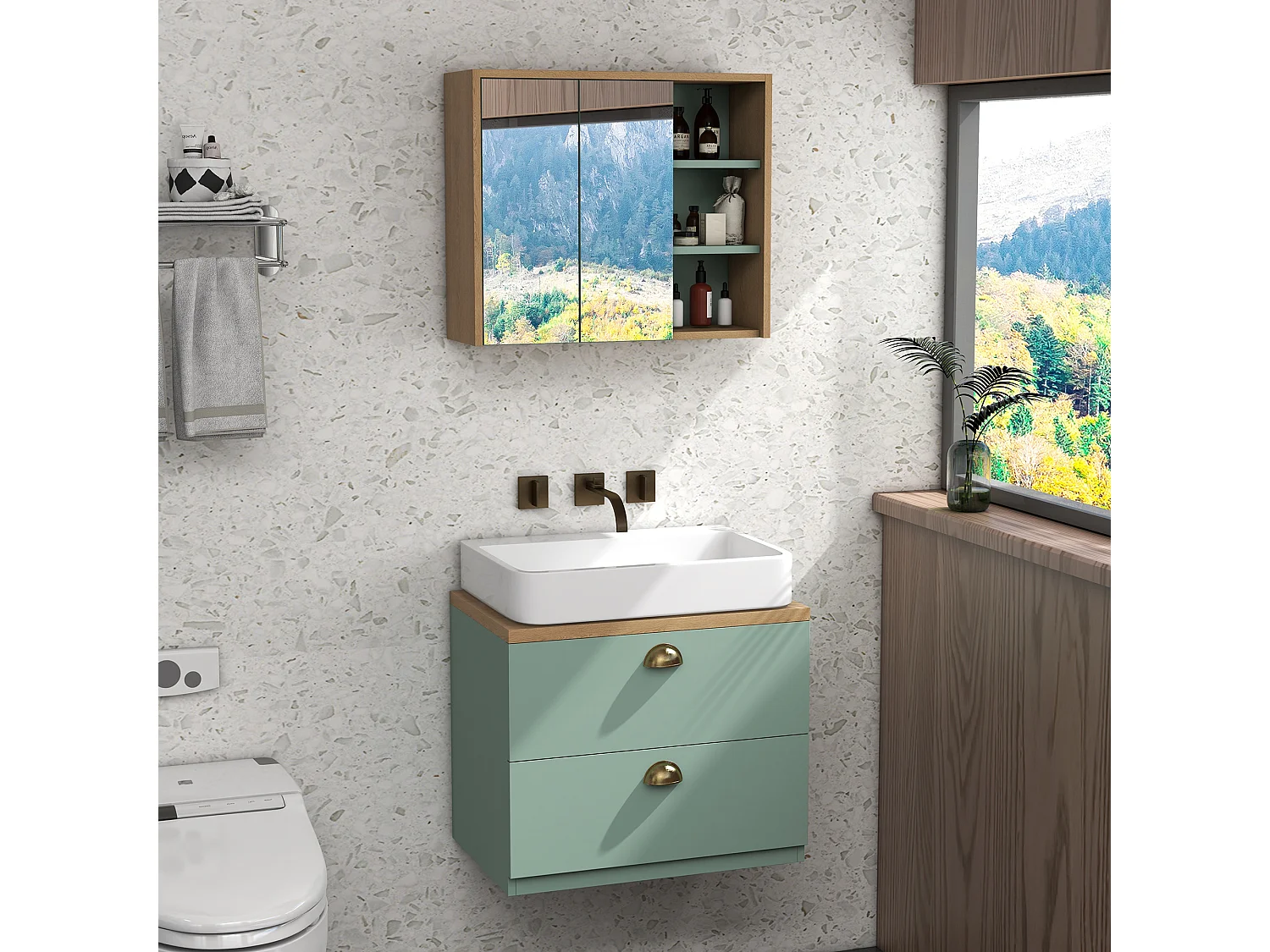 Ensemble 2 meubles salle de bain - meuble sous-vasque suspendu, armoire murale miroir - aspect bois clair vert