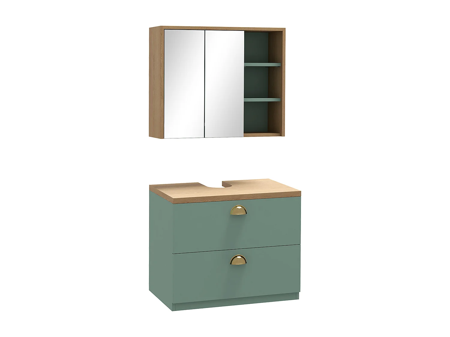 Ensemble 2 meubles salle de bain - meuble sous-vasque suspendu, armoire murale miroir - aspect bois clair vert