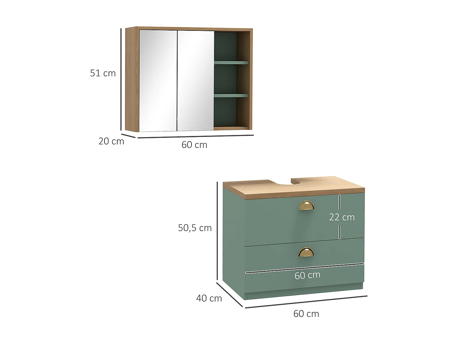 Ensemble 2 meubles salle de bain - meuble sous-vasque suspendu, armoire murale miroir - aspect bois clair vert