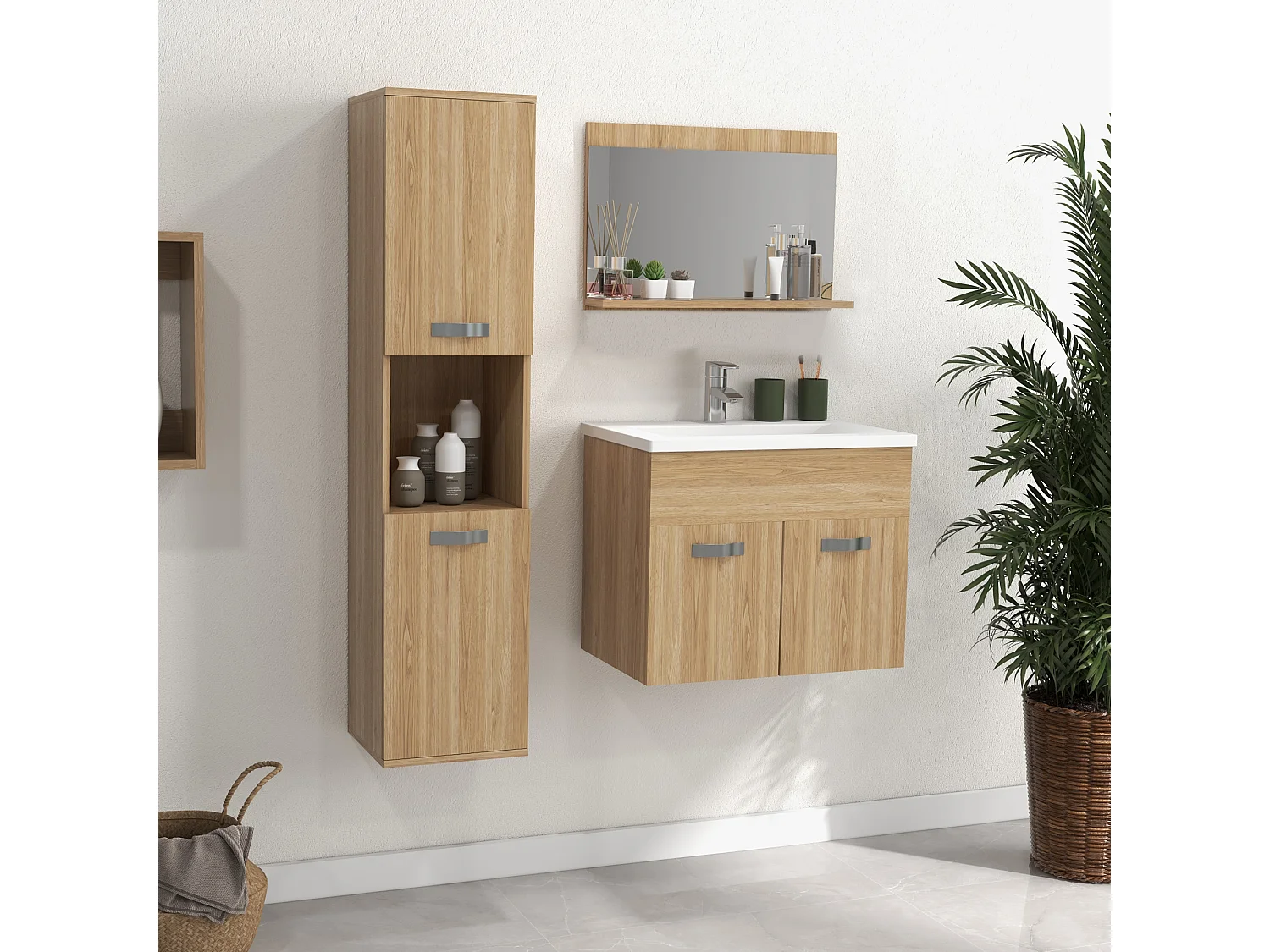 Ensemble 3 meubles salle de bain avec vasque - meuble sous-vasque suspendu, miroir, meuble colonne mural - aspect chêne clair
