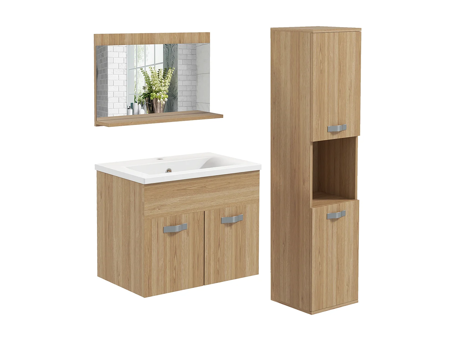 Ensemble 3 meubles salle de bain avec vasque - meuble sous-vasque suspendu, miroir, meuble colonne mural - aspect chêne clair