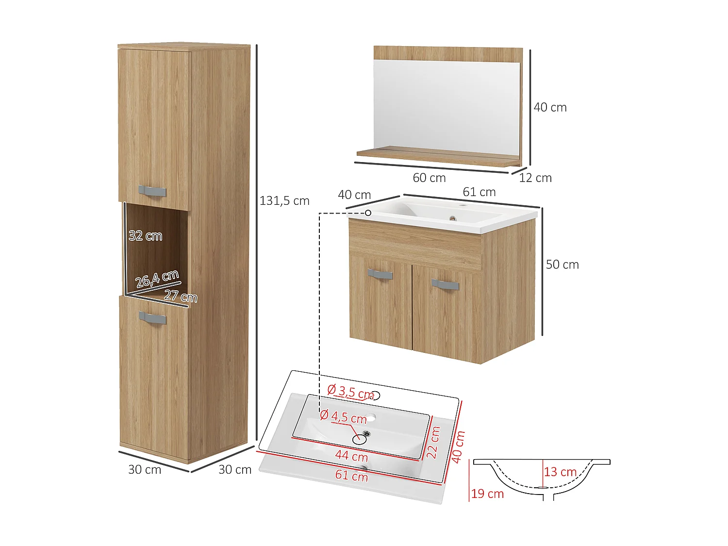Ensemble 3 meubles salle de bain avec vasque - meuble sous-vasque suspendu, miroir, meuble colonne mural - aspect chêne clair