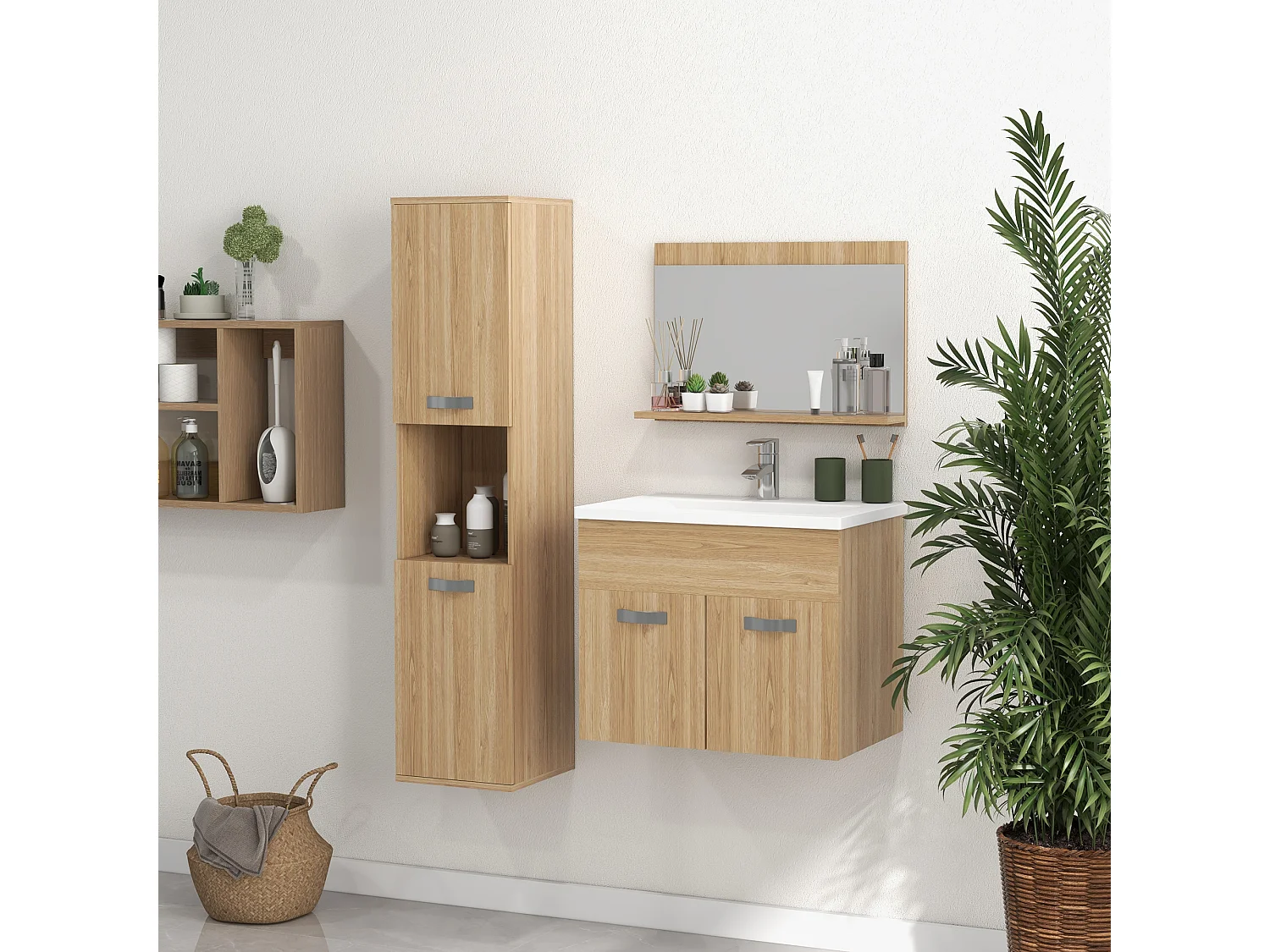 Ensemble 3 meubles salle de bain avec vasque - meuble sous-vasque suspendu, miroir, meuble colonne mural - aspect chêne clair