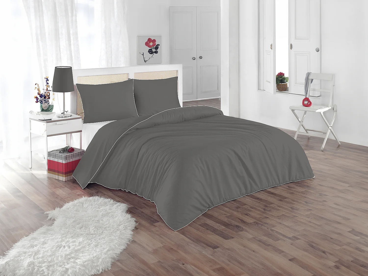 Juego de cama de percal de algodón 80 hilos/ cm² - Funda nórdica 220 x 240 cm + 2 fundas de almohada 63 x 63 cm - Gris con ribete blanco - AGAMI de PALACIO