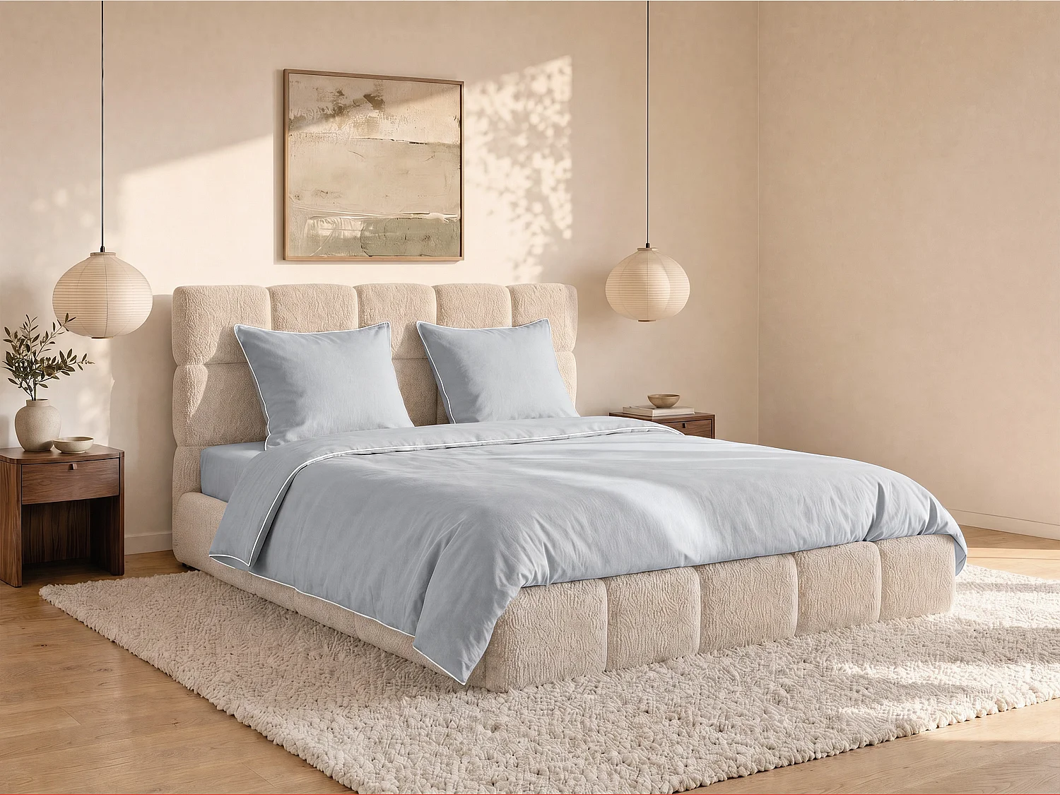 Parure de lit percale de coton 80 fils/cm² - Housse de couette 220 x 240 cm + 2 taies d'oreiller 63 x 63 cm - Gris passepoil blanc - AGAMI de PALACIO