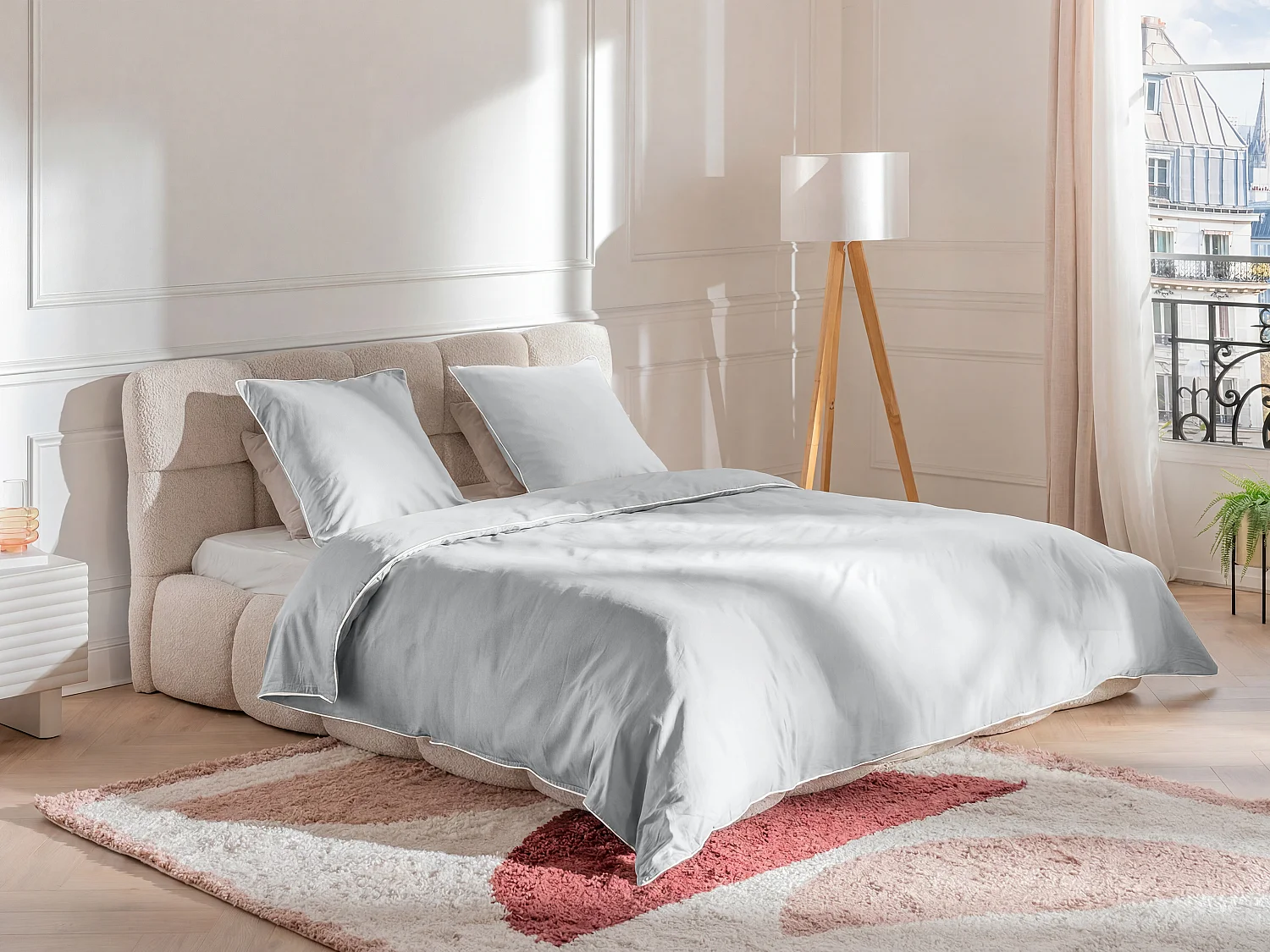 Bettwäsche - Baumwollperkal 80 Fäden/cm² - Bettdeckenbezug 240 x 260 cm + 2 Kissenbezüge 63 x 63 cm - Grau mit weißer Ziernaht - AGAMI von PALACIO