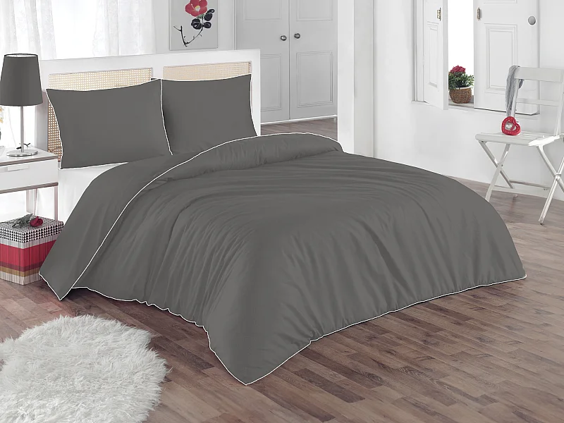 Bettwäsche - Baumwollperkal 80 Fäden/cm² - Bettdeckenbezug 240 x 260 cm + 2 Kissenbezüge 63 x 63 cm - Grau mit weißer Ziernaht - AGAMI von PALACIO