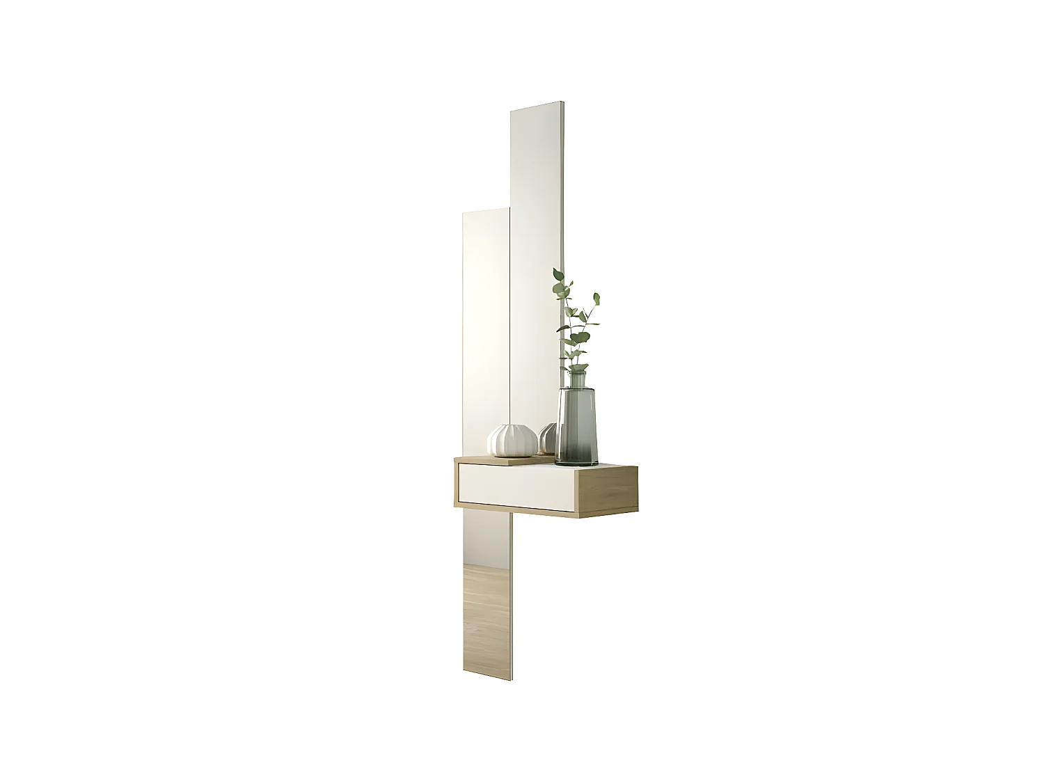 Meuble d'entrée Bois blanc/Chêne blond + miroir - NYLA