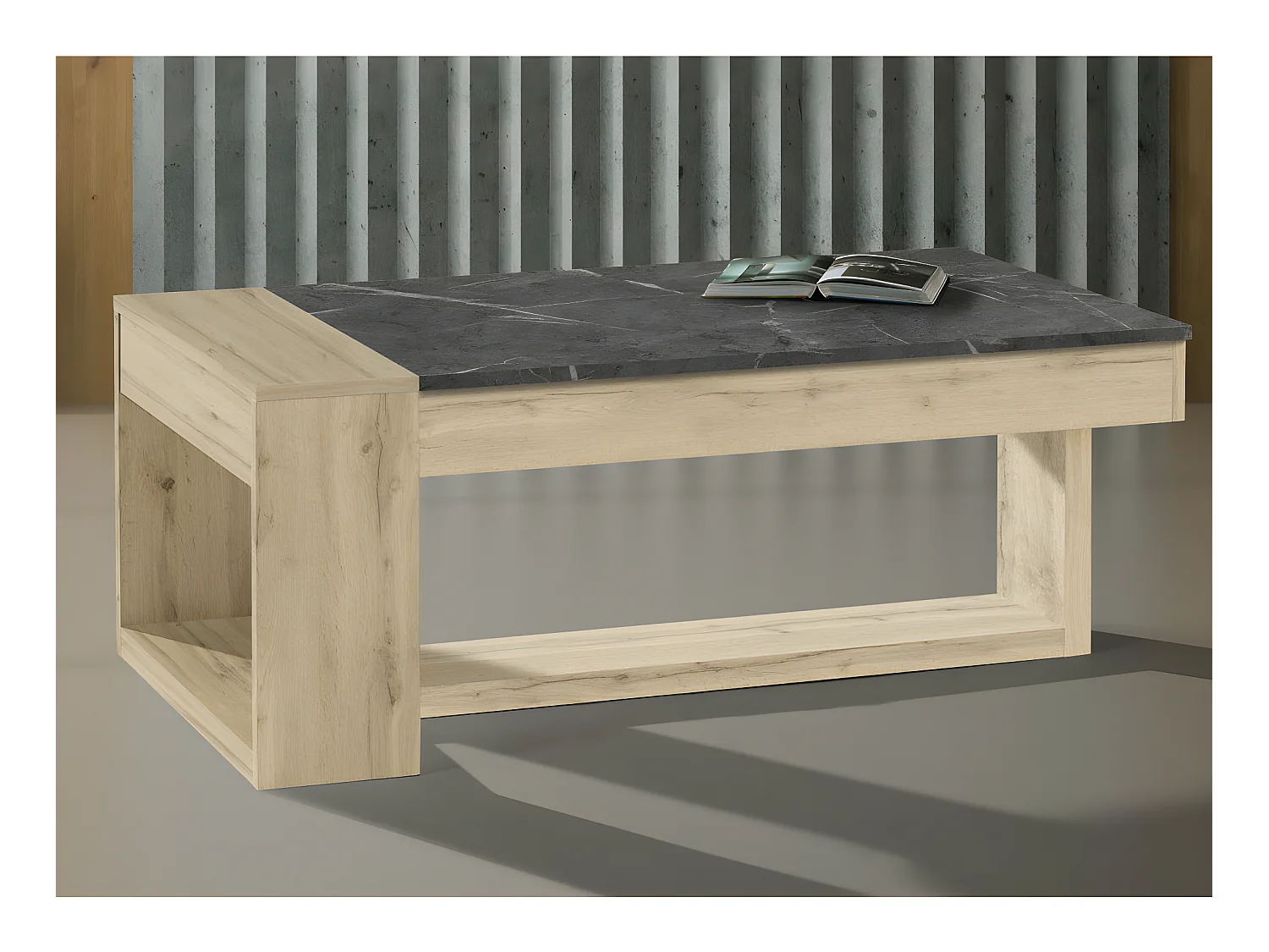 Table basse relevable Chêne blond/Marbre gris - ESTEBAN