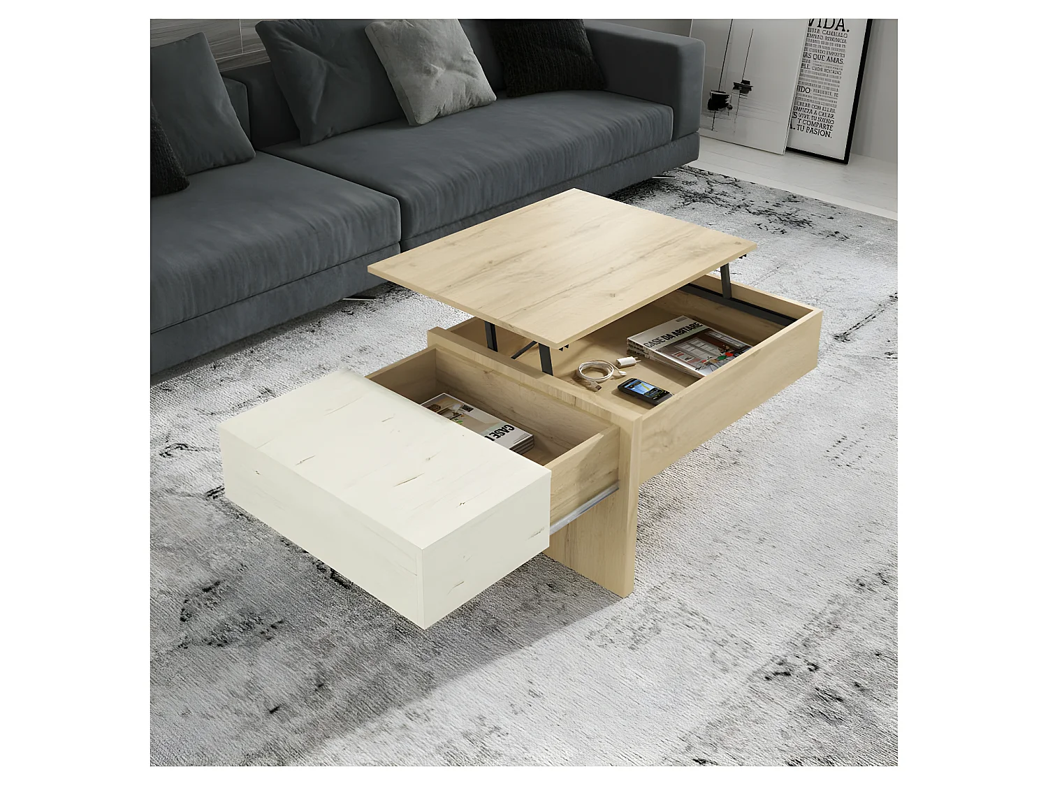 Table basse relevable Bois blanc/Chêne blond - AJAR