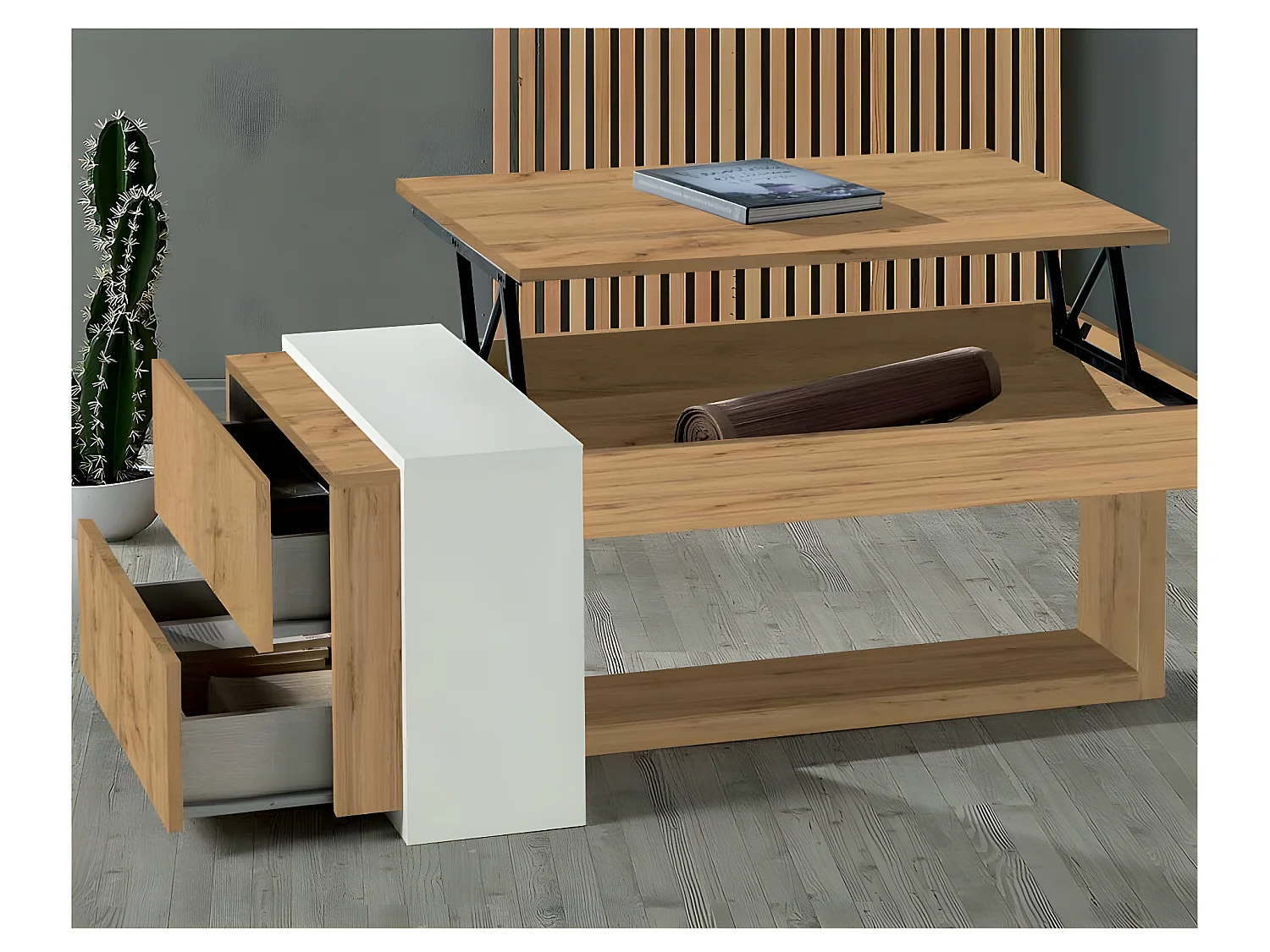 Table basse relevable 2 tiroirs Chêne blond/Bois blanc - ESTEBAN