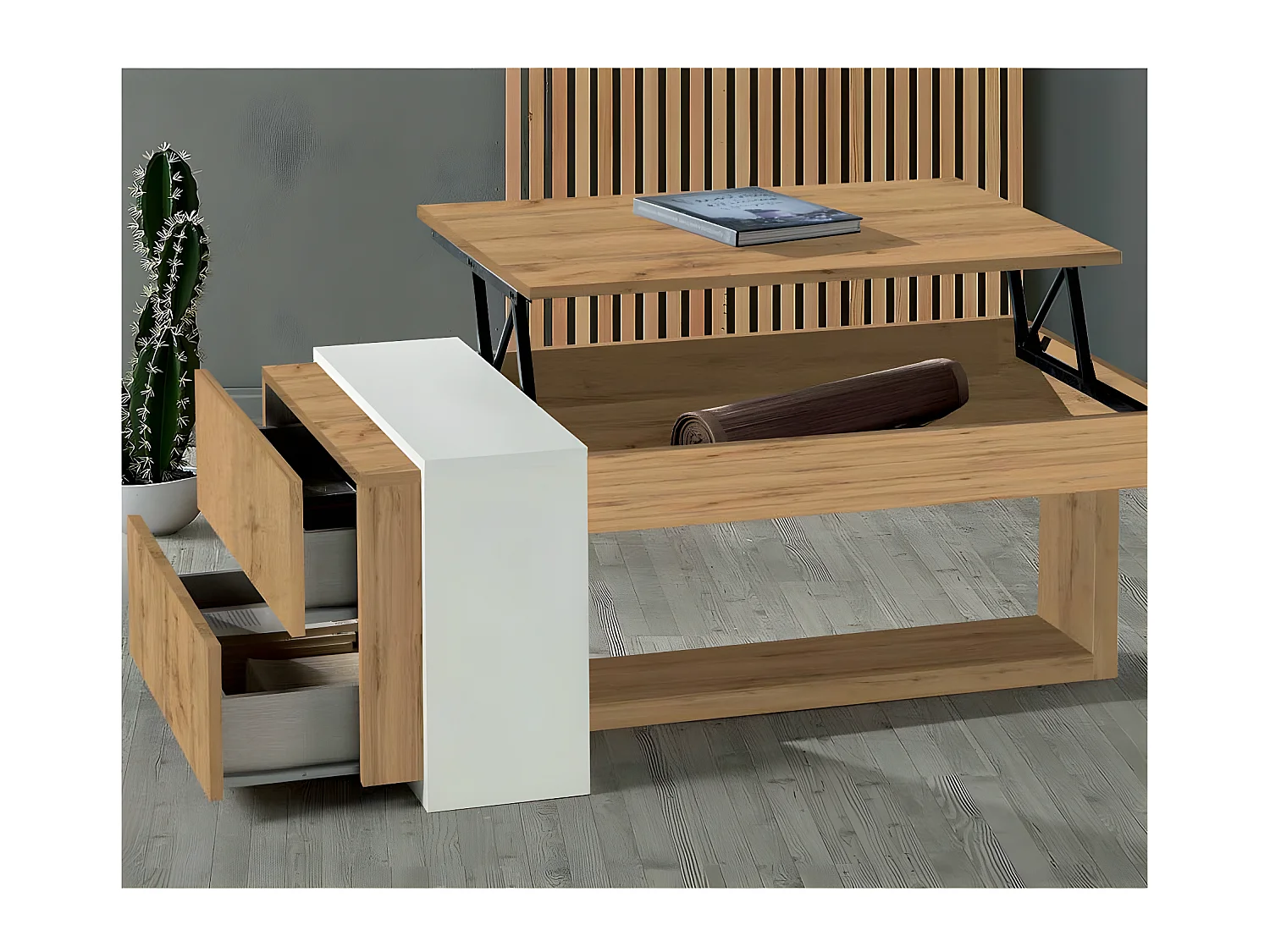 Table basse relevable 2 tiroirs Chêne blond/Bois blanc - ESTEBAN