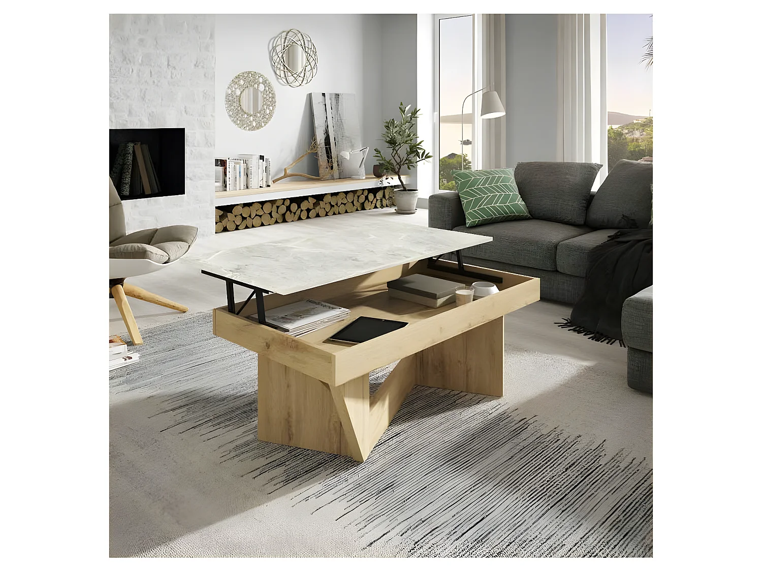 Table basse relevable Chêne blond/Marbre blanc et gris - POPLO