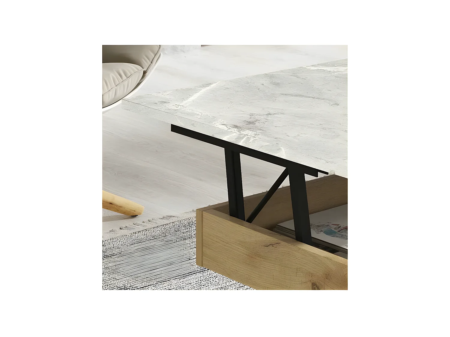 Table basse relevable Chêne blond/Marbre blanc et gris - POPLO