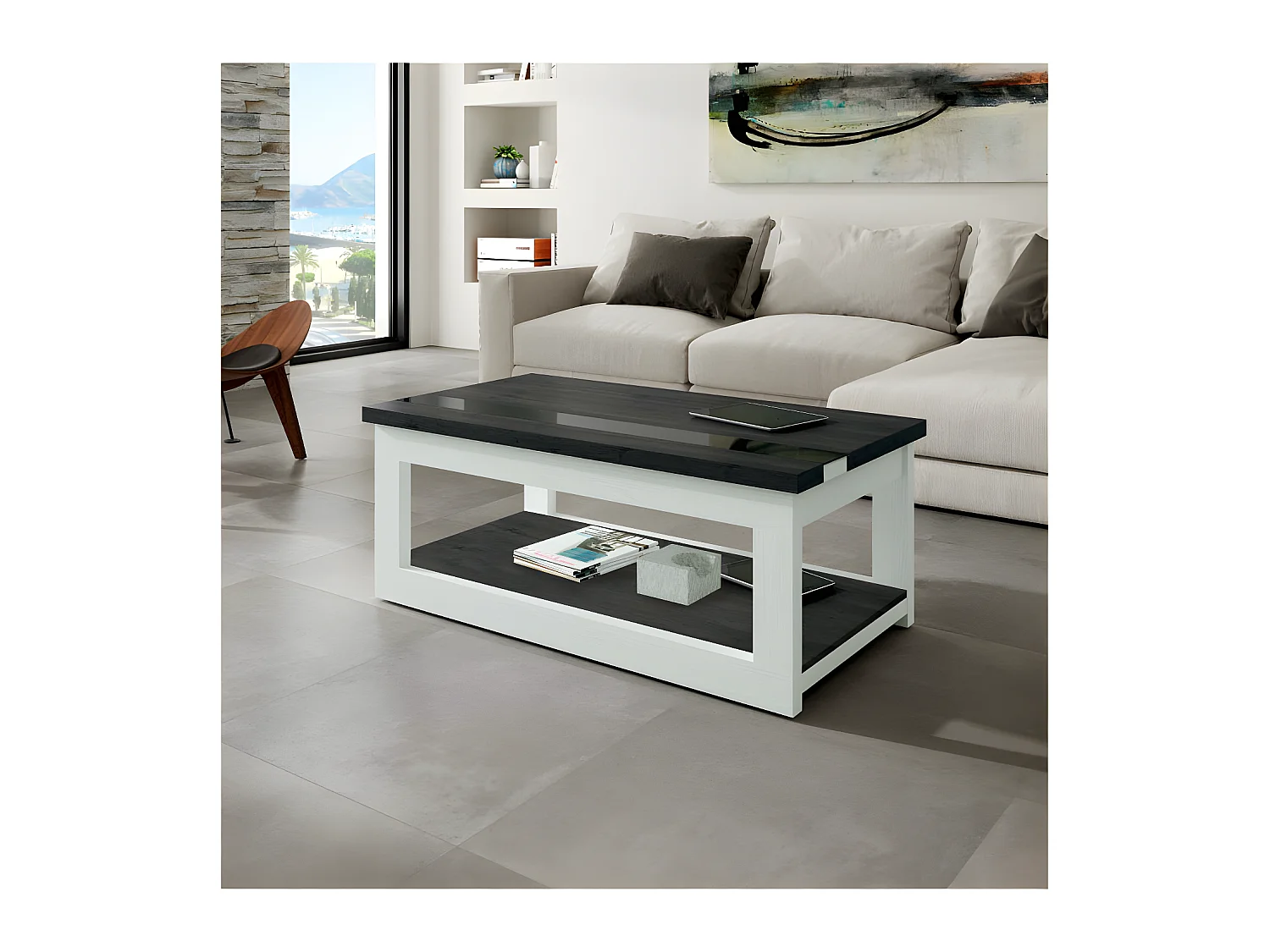 Table basse relevable Bois blanc/Bois noir - UPTI