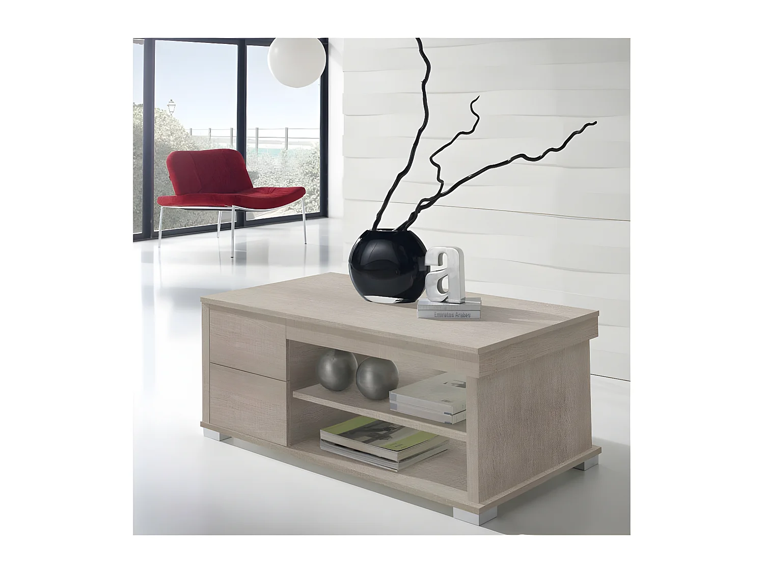Table basse chêne clair relevable 4 tiroirs - NESE