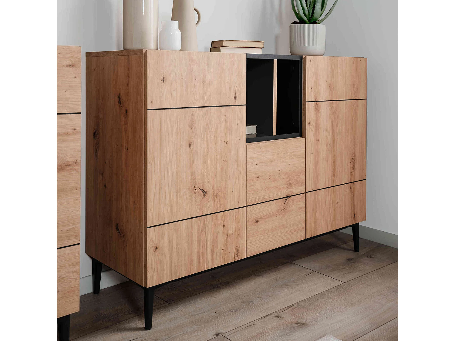 Commode 1 niche 3 portes imitation chêne artisan et noir - CO7075-2