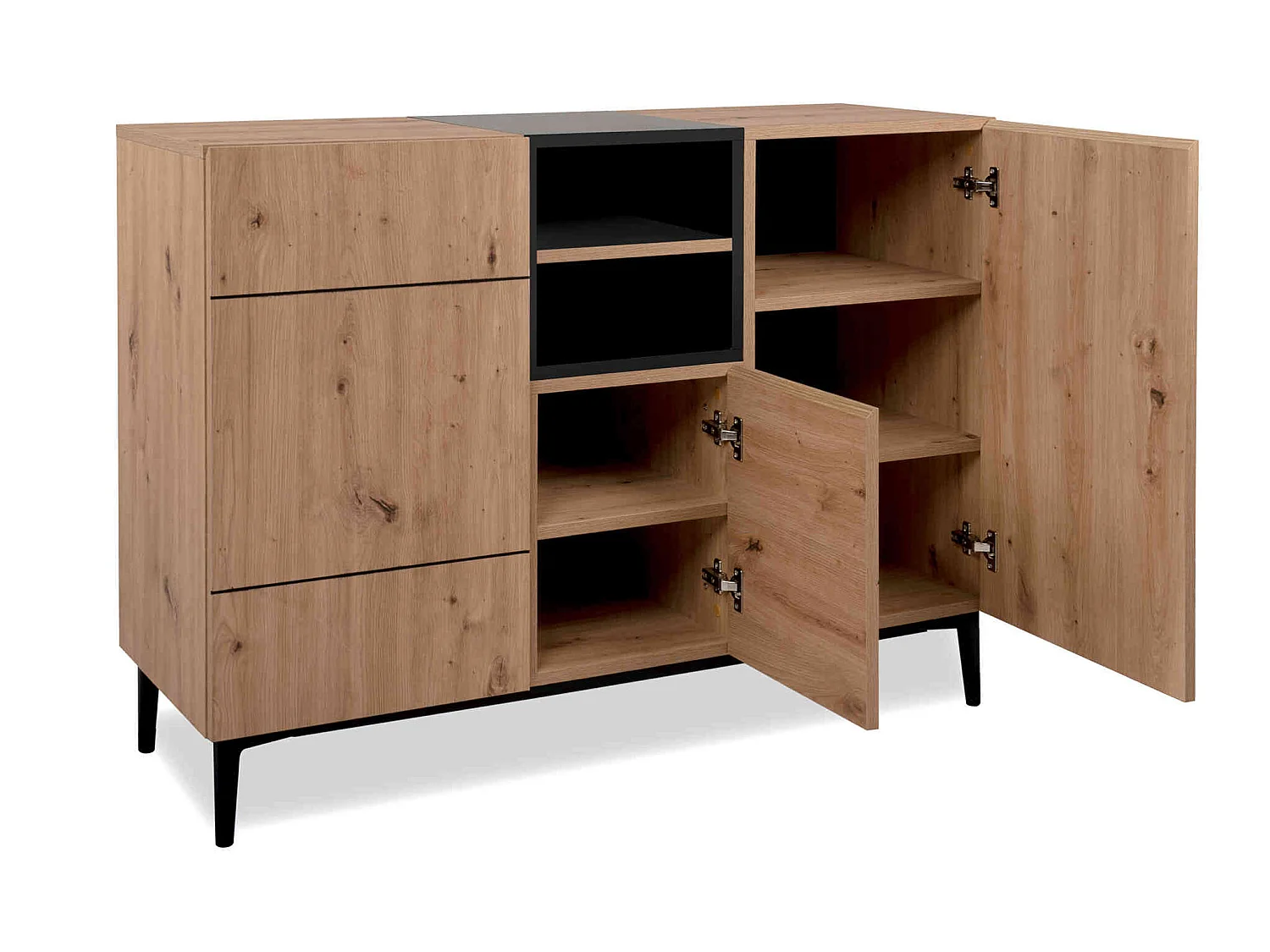 Commode 1 niche 3 portes imitation chêne artisan et noir - CO7075-2