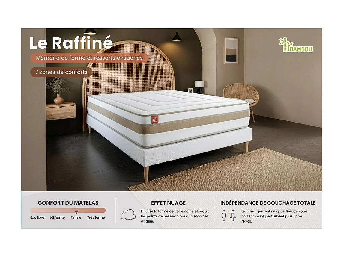 Matelas LE RAFFINÉ 200x200cm Ressorts ensachés + Mémoire de forme BioVisco - Maxi épaisseur 26cm