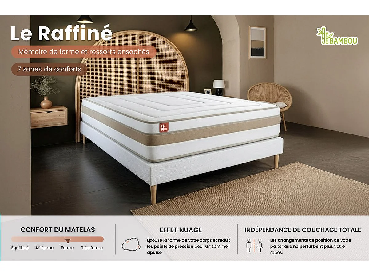 Matelas LE RAFFINÉ 200x200cm Ressorts ensachés + Mémoire de forme BioVisco - Maxi épaisseur 26cm